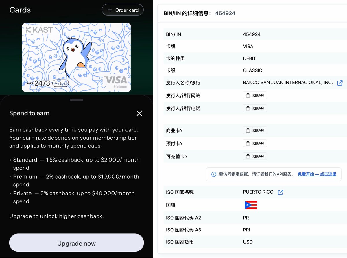 Kast Visa card with Pudgy Penguins artwork and membership tiers from 1.5% to 3% cashback, with a BIN 454924 lookup resolving to Banco San Juan Internacional, Puerto Rico