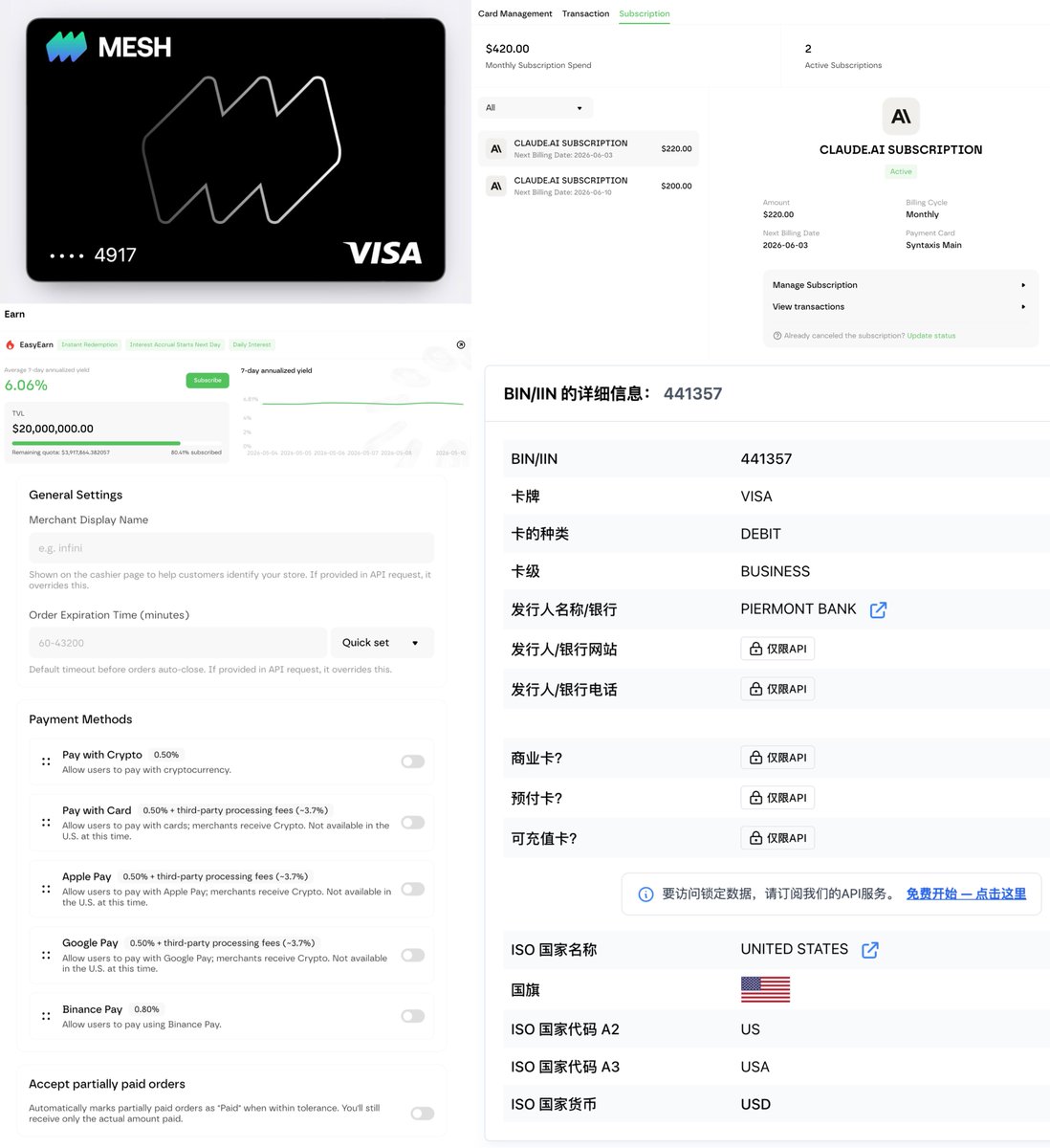 Infini dashboard with a Mesh Visa card, a subscription manager tracking two Claude.ai subscriptions, a 6.06% EasyEarn yield module, checkout payment-method settings, and a BIN 441357 lookup showing Piermont Bank, United States